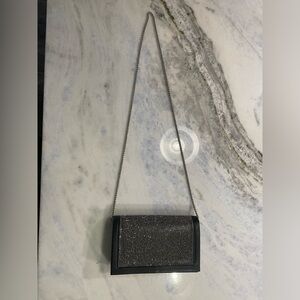 Black leather & rhinestone clutch with shoulder strap